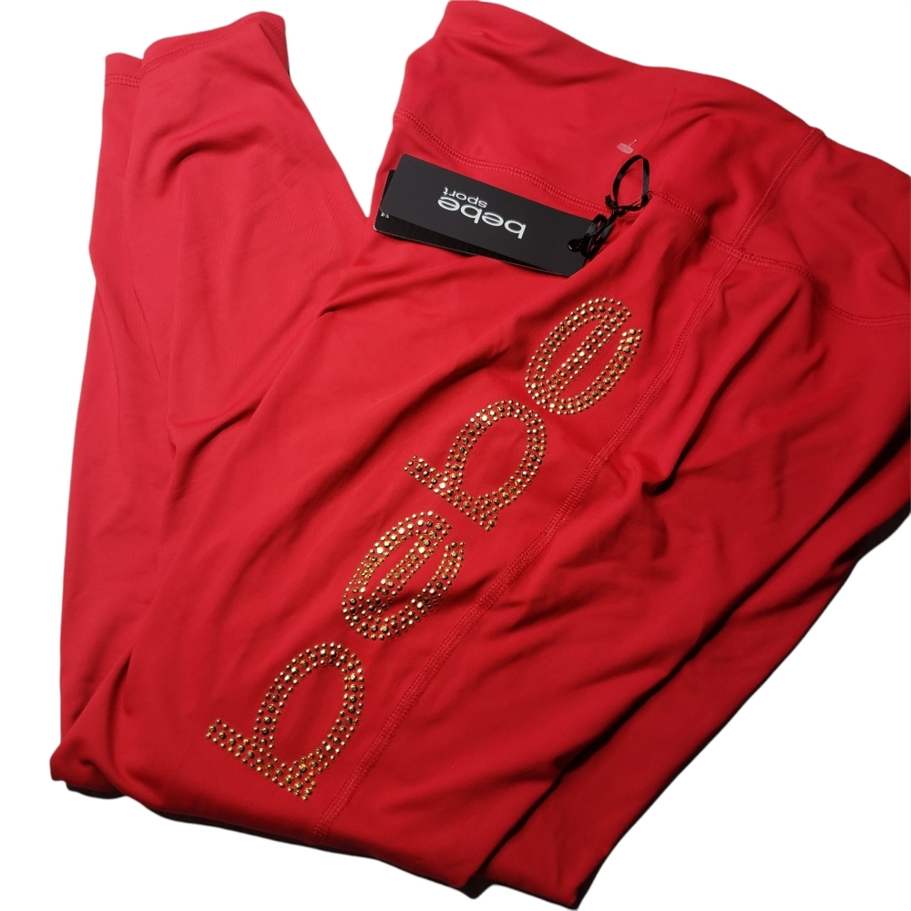 Red Bebe Sport Gold Rhinestone Logo Full Length Workout Pants Leggings